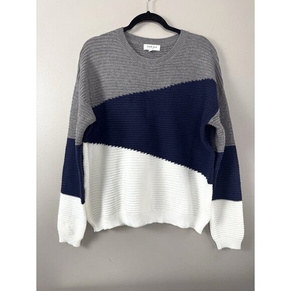 Gilli L Colorblock Ribbed Sweater Ivory Gray Navy Preppy Nautical Grandpa Cozy - Picture 1 of 7